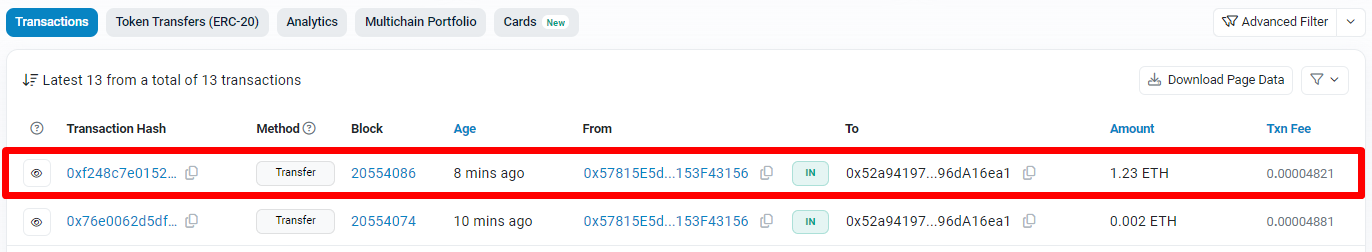 Etherscan 交易历史记录